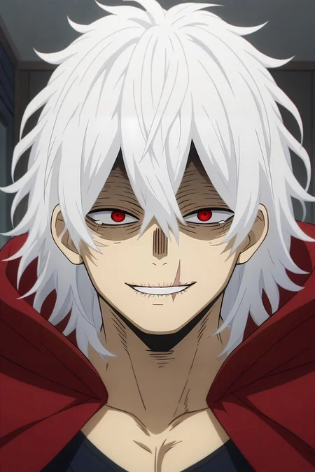 score_9, score_8_up, score_7_up, source_anime, rating_safe, intricate details, anime screencap, anime coloring, , looking at viewer, , 1boy, solo, male focus, <lora:tomura_shigaraki_pony:1>, tomura_shigaraki, white hair, red eyes, , scar, scar on face, , red cape, teeth, smile, , rule of thirds, highway, indoors, dark, knees up, tearing up, , <lora:sdxl_lightning_8step_lora:1>