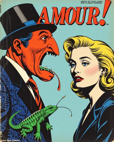 (_2 Advertising poster style:-0.250) (_2 Neon noir:-0.250) (_1 analog film photo:1.0) (_1 breathtaking:1.0) (_1 Architectural style:1.0) (Comic book style illustration by Roy Lichtenstein depicting a head's lobster and a suit and vomiting a green lezard and looking jealously at a tall blonde's face with an energetic text "AMOUR !" in large colored screen printing and fine black triads:2).
<lora:Flux_DetailsArchitecture_epoch_5:0.25> <lora:Flux_FuturArchitecture_epoch_5:0.75> <lora:Flux_DetailsNature_epoch_5:1> <lora:Flux_GustaveMoreau_epoch_5:1> <lora:flux_abyss:0.25> <lora:Flux_artis 28.11A:0.25> <lora:Flux_DetailsRock_epoch_5:-0.25> <lora:Flux_Chimeras_epoch_5:1> <lora:colouring_experiment_analogue_FLUX:0.5>, LOW KEY photography, dramatic lighting, deep shadows, rich contrast, moody atmosphere, intense emotions, cinematic feel, mysterious ambiance, emphasizing shape and form, creating depth, evoking drama, storytelling through shadows, professional technique, JAPANESE TRADITIONAL art style, delicate lines, subtle colors, intricate details, dynamic compositions, cultural heritage, adds elegance and sophistication.((Clean lines, geometric shapes, minimalist, modern, architectural drawing, highly detailed):1.0).((award-winning, professional, highly detailed, high resolution, masterpiece):1.0).((faded film, desaturated, 35mm photo, grainy, vignette, vintage, Kodachrome, Lomography, stained, highly detailed, found footage):1.0).((Cyberpunk, dark, rainy streets, neon signs, high contrast, low light, vibrant, highly detailed):-0.250).((Professional, modern, product-focused, commercial, eye-catching, highly detailed):-0.250)