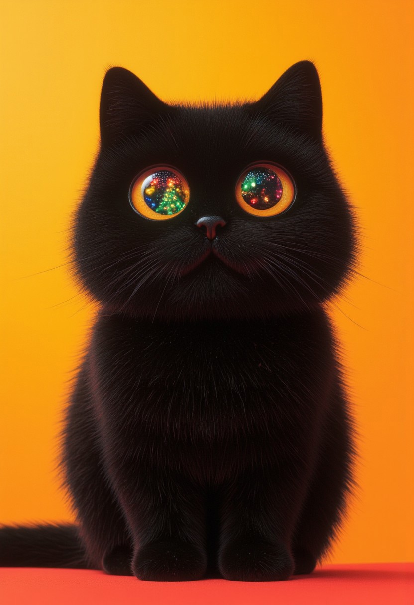 A serene yet captivating scene featuring a thick, black, fluffy cat sitting against a vibrant orange backdrop. Its wide, inquisitive eyes are filled with a magical reflection—a brightly lit Christmas tree adorned with colorful ornaments and twinkling lights. The reflection shimmers in the cat's dark, glossy eyes, capturing the warmth and joy of the holiday season while hinting at a world beyond the frame.
The backdrop remains a rich, contrasting orange, casting a gentle, golden glow that enhances the cat’s velvety fur. Soft, directional lighting highlights the luxurious texture of its thick coat and the rounded contours of its expressive face. Shadows fall subtly, framing the cat’s elegant form without overwhelming the simplicity of the composition.
The cat sits upright, its tail wrapped gracefully around its side, exuding quiet confidence and curiosity. Tiny glints of lighter fur on its chest catch the soft light, adding depth and dimension to its otherwise inky silhouette. The atmosphere is peaceful and festive, with the vivid orange background providing a sense of warmth that complements the shimmering, colorful lights reflected in the cat’s eyes. This intimate moment captures the blend of feline curiosity and the quiet magic of the holiday season.