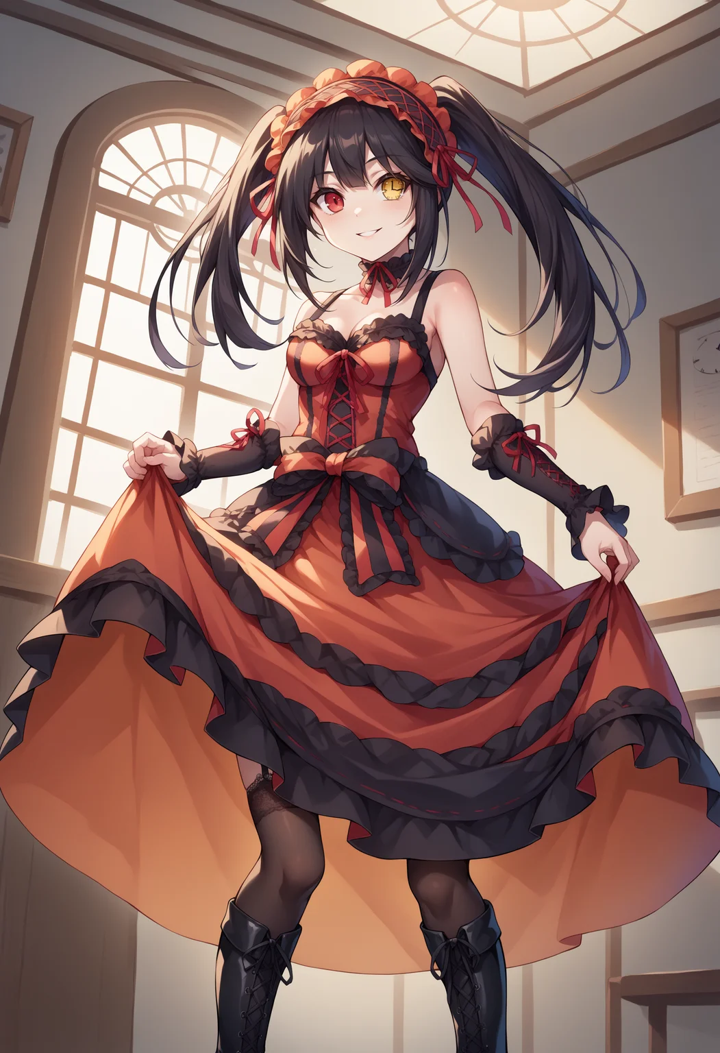 score_9, score_8_up, source_anime, 1girl, solo, KurumiBase, clock eyes, red eye, yellow eye, heterochromia, black hair, twintails, hairband, red dress, striped bow, frills, detached sleeves, frilled choker, black thighhighs, garter straps, lace-up boots, indoors, dress lift, smile, <lora:ChamTokisakiKurumiPonyXL-000008:1>