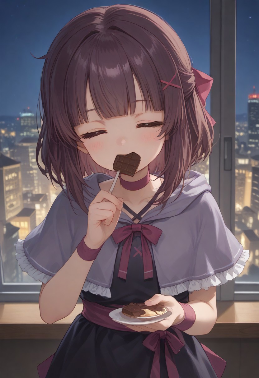1girl, solo, solo focus, highres, absurdres, Shondo1st, bangs, closed eyes, hair bow, brown hair, medium hair, petite, sidelocks, flat chest, black dress, criss-cross halter, frilled dress, waist bow, pink bow, single wrist cuff, arm ribbon, pink ribbon, pink choker, chocolate, food-themed clothes, collarbone, grey capelet, hooded capelet, hood down,
looking at viewer, holding food, eating, happy, onigiri,
cafe, window, cityscape, neon lights, night, night sky, dark, backlighting,