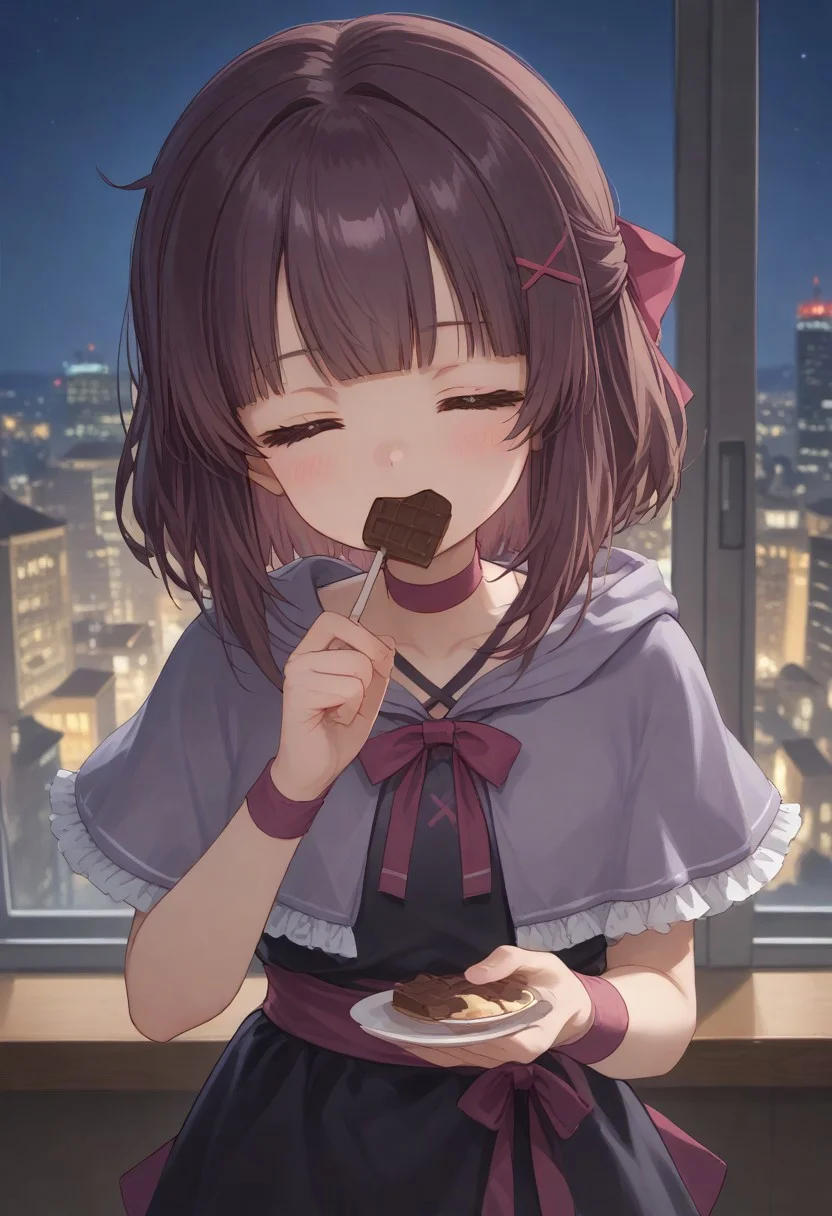 1girl, solo, solo focus, highres, absurdres, Shondo1st, bangs, closed eyes, hair bow, brown hair, medium hair, petite, sidelocks, flat chest, black dress, criss-cross halter, frilled dress, waist bow, pink bow, single wrist cuff, arm ribbon, pink ribbon, pink choker, chocolate, food-themed clothes, collarbone, grey capelet, hooded capelet, hood down,
looking at viewer, holding food, eating, happy, onigiri,
cafe, window, cityscape, neon lights, night, night sky, dark, backlighting,