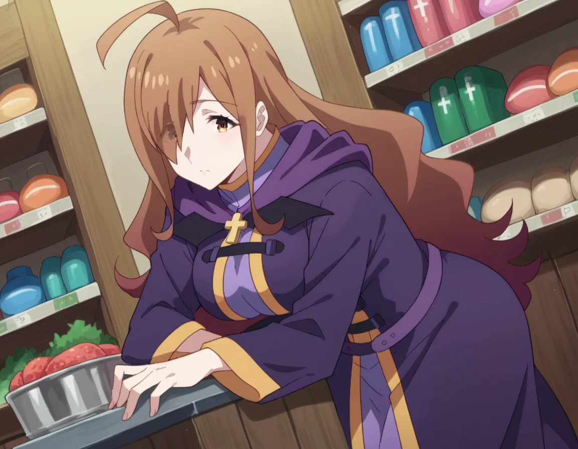 score_9, score_8_up, score_7_up, source_anime,
konosubawiz, <lora:konosuba-wiz-s1s2-ponyxl-lora-nochekaiser:1>,
wiz, ahoge, brown eyes, light brown hair, hair over one eye, long hair, mature female,
cross, dress, hood, hood down, jewelry, latin cross, long dress, long sleeves, purple dress, robe, purple robe,
indoors, shop, bent over,
looking at viewer, dutch angle, cowboy shot,