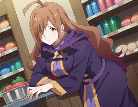 score_9, score_8_up, score_7_up, source_anime,
konosubawiz, <lora:konosuba-wiz-s1s2-ponyxl-lora-nochekaiser:1>,
wiz, ahoge, brown eyes, light brown hair, hair over one eye, long hair, mature female,
cross, dress, hood, hood down, jewelry, latin cross, long dress, long sleeves, purple dress, robe, purple robe,
indoors, shop, bent over,
looking at viewer, dutch angle, cowboy shot,