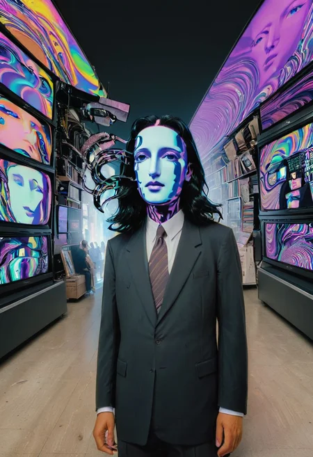 The Mona Lisa, displayed in the warped timelines of an enigmatic glitch spectre as he walks in paranoia through the busy streets of Tel Aviv