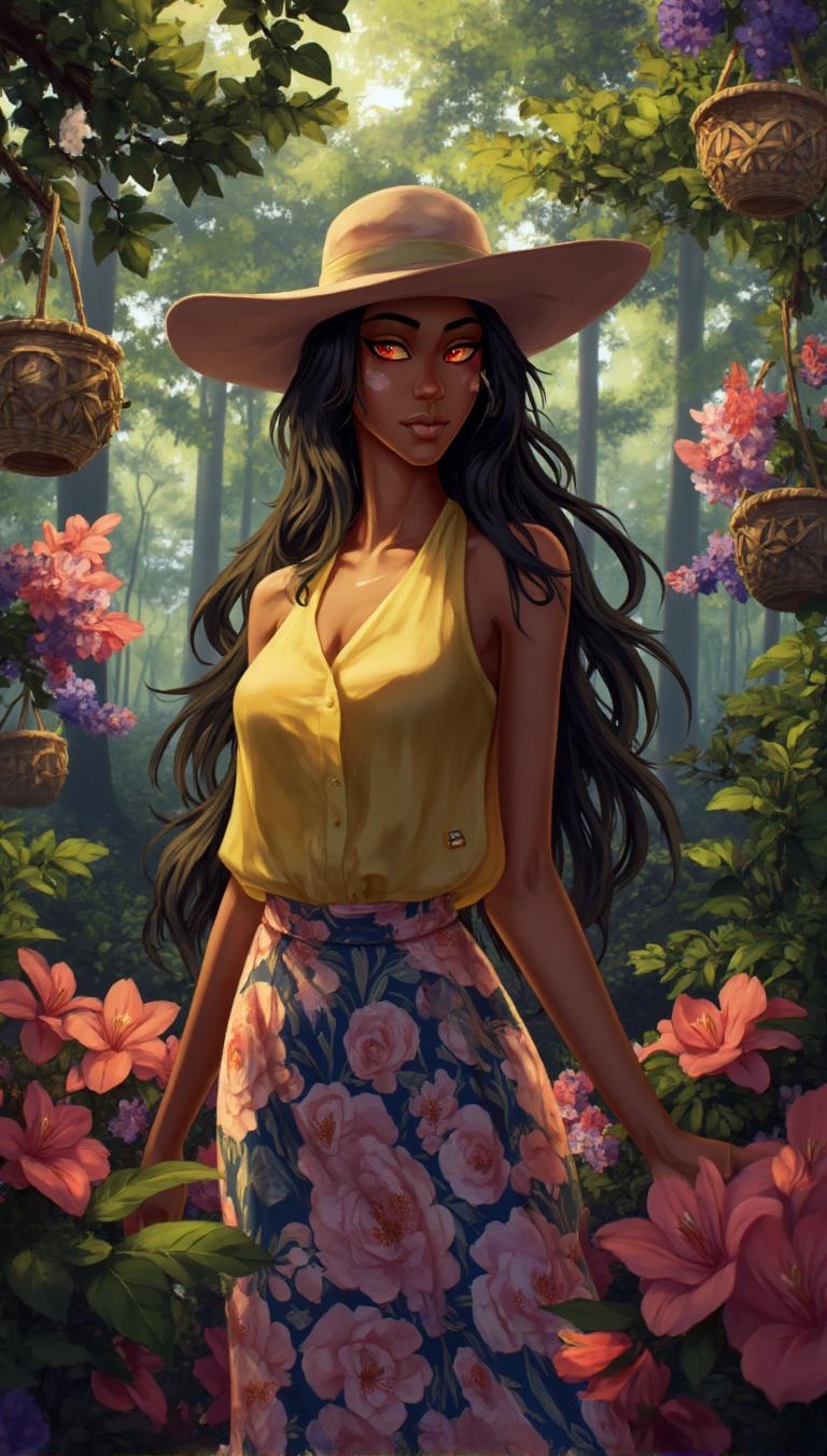 <lora:ck-LttleGhost-000011.safetensors:1> in the style of ck-lttlegh0st
In the hazy, dreamlike state that follows a profound subspace, the world is transformed into a vibrant, surreal landscape. A dark-skinned woman, her skin glowing with an ethereal warmth, stands at the center of a lush, enchanted garden. Her long, dark hair cascades down her back like a waterfall of silk, and her glowing red eyes, now soft and tinged with a deep, inner light, seem to pierce through the veil of reality. She wears a wide-brimmed hat, its edges slightly blurred, casting a gentle shadow over her face. Her yellow blouse, a soft, sunlit hue, clings to her form, while her pink and dark blue floral skirt flows like a delicate tapestry, each petal and leaf a testament to the beauty of the moment.
Around her, the garden is a tapestry of colors and textures, each element heightened and intensified. The flowers are impossibly vivid, their petals shimmering with a soft, almost iridescent glow. The baskets hanging from the branches of the trees are woven with intricate patterns, each one a symbol of trust and connection. The air is thick with the scent of blooming blooms, and the rustle of leaves seems to whisper secrets of surrender and peace.
In this surreal world, the lines between reality and fantasy blur, and the woman stands as a beacon of grace and serenity, her presence a testament to the deep, emotional journey she has just experienced.