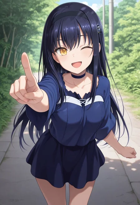 masterpiece,best quality,amazing quality, kushima kamome, long hair, black hair, yellow eyes, 1girl, one eye closed, solo, smile, hairband, open mouth, choker, collarbone, looking at viewer, ;d, outdoors, pointing, black hairband, index finger raised