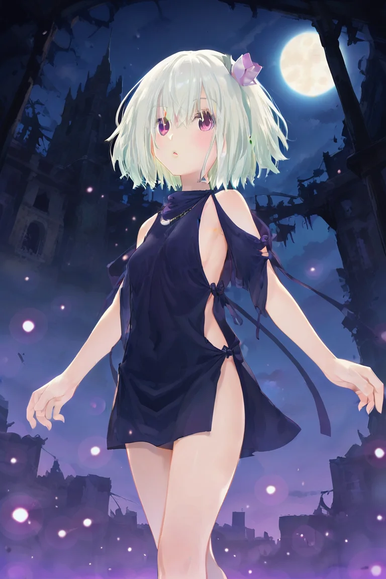 solo, 1girl, female, ren, emotionless, BREAK barefoot, no panties, hair ornament, hair flower, black dress, sideboob, bare shoulders, sideless outfit, BREAK outdoors, city, night, ruins, colorful, portrait, BREAK ((ultra-detailed)), ((best quality)), ((best quality)), ((beautiful eyes)), ((extremely detailed)), 4K, (8K), best quality, (beautiful), Master piece, highres, score_9, score_8_up, score_7_up, score_6_up, score_5_up, score_4_up, colorful, best quality, official art, highres, masterpiece, nai3, god light, detailed background, high quality background, <lora:Ren_Fragile_Sayonara_Tsuki_no_Haikyo:0.8>