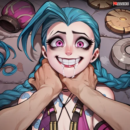 score_9, score_8_up, score_7_up, score_6_up, score_5_up, score_4_up,
1girl, 1boy, pov, choking, looking at viewer, grin, wide-eyed, drooling,
jinx \(league of legends\), 
<lora:ponyxl-choking-concept-v03:1>