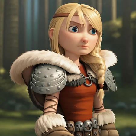 score_8_up, BREAK, ASTRIDHOFFERSON, 1girl, solo, blonde hair, braid, Long hair, blue eyes, fur trim, shoulder armor, armor, pauldron, cowboy shot, depth of field, <lora:AstridHofferson_HTTYD2_PXL_Leaf1:1>, forest,