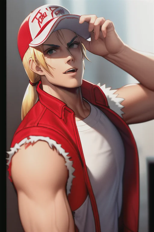 TerryBogard , arcane style, 1guy, solo, letterboxed, blurry background, medium shot portrait, ((masterpiece)) <lora:arcaneStyleLora_v1:0.75> <lora:terryBKOF_1:1> (red trucker cap), (red sleeveless jacket), (white t-shirt), (blonde ponytail)<hypernet:samdoesartsHypernetwork_v422500Steps:0.058>