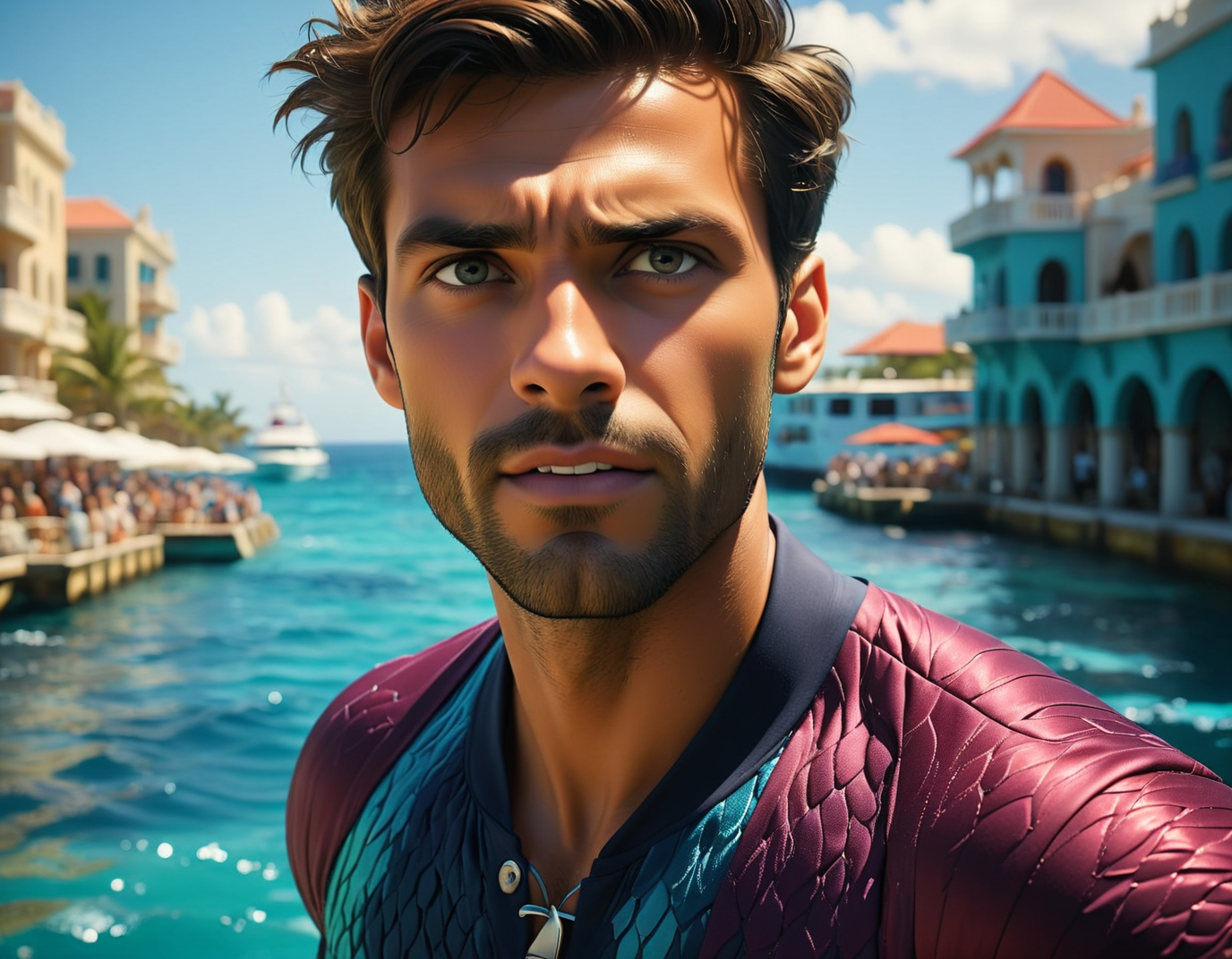 (digital cinematic color grading natural lighting cool shadows warm highlights soft focus actor directed cinematography dolbyvision :1.3), A athletic man on vacation enjoying the local party scene  at noon in Under the sea in the deep hidden city of Atlantis