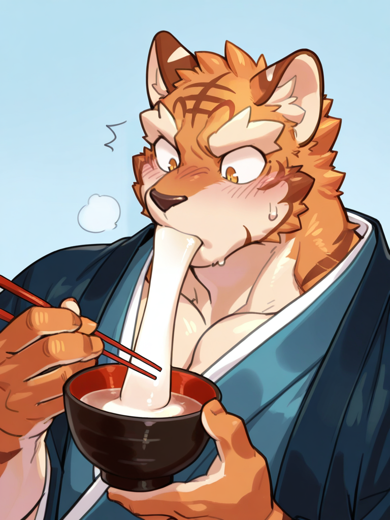 <lora:GrantlyBell_v3_IL-000019:1>,grantlybell,highres,absurdres,very aesthetic,amazing quality,best quality,masterpiece,high quality,
sfw,1boy,furry,muscular,solo,
japanese clothes,mochi,eating,upper body,kimono,holding,blue kimono,blue background,chopsticks,holding bowl,sweatdrop,blush,bowl,