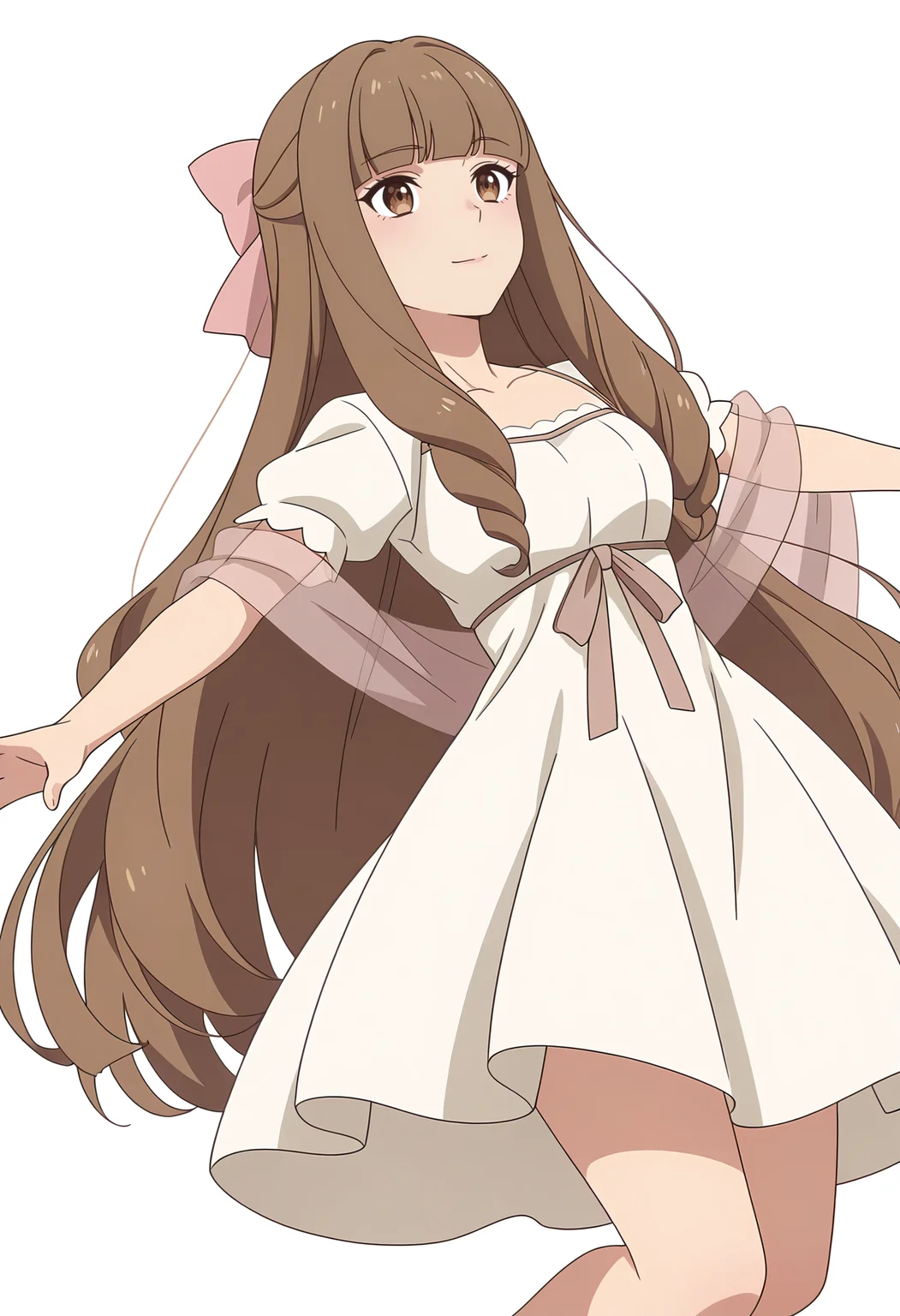 Smooth Quality,masterpiece,very intricate, high quality details, ultra realistic, high detailed skin,detailed enviorement,
white background, simple background, 
dutch angle,jumping pose, arms spread wide, legs bent mid-air, joyful expression, dynamic energy,  ,. .,
 <lora:Klyrode_Elizabeth_Cinabrio:0.8> klyrodeelizabeth/cnn, 1girl,brown hair, long hair,brown eyes, blunt bangs, very long hair,dress, short sleeves, white dress, shawl,hair bow,