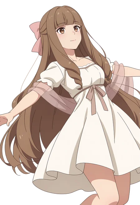 Smooth Quality,masterpiece,very intricate, high quality details, ultra realistic, high detailed skin,detailed enviorement,
white background, simple background, 
dutch angle,jumping pose, arms spread wide, legs bent mid-air, joyful expression, dynamic energy,  ,. .,
 <lora:Klyrode_Elizabeth_Cinabrio:0.8> klyrodeelizabeth/cnn, 1girl,brown hair, long hair,brown eyes, blunt bangs, very long hair,dress, short sleeves, white dress, shawl,hair bow,