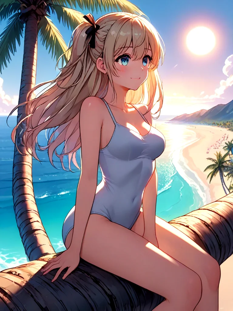 ((score_9, source_anime)), ((1girl sitting in palm tree)), (high sky), floating hair, white one-piece swimsuit, sweat, shy, blush, smile, parted lips, ocean, beach, sky, wind, cloud, cleavage, one side up, blonde, <lora:girllikepalmtree_pony:0.9>