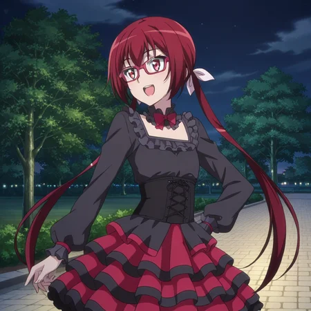 nsfw, masterpiece, best quality, 1girl, solo, jokamachi_no_danderaion_akane_sakurada, glasses,red hair, long hair, red eyes, open mouth, twintails, dress, smile, corset, hand on hip, frills, night, park, <lora:Akane_Sakurada_-_Jokamachi_no_Danderaion_2:0.7>