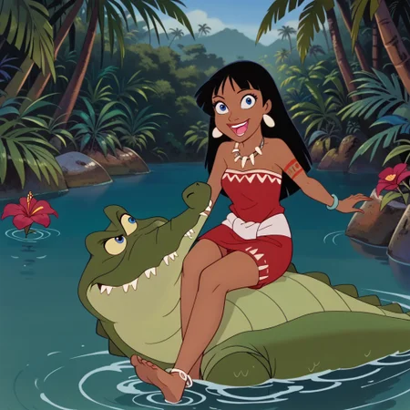 Tick tock crocodile,male animal focus, crocodile open large mouth ,green skin, blue eyes, Tick Tock the crocodile is giant and very huge size,teeth,fat, swimming in water,partially submerged,Tick Tock the crocodile looking at a young girl who she is sitting on a rock,1_girl,little_sizelong hair, black hair,chel, dark-skinned female, jungle,blue eyes,red flowers hair, blue aztek long_dress, jewelry, dark skin,smile,laught,necklace_pearl, bracelet, red tribal tattoo,wristband,anklet,aztek crown, barefoot,open mouth,river,palm trees, jungle tropical,leaf,grass Disney, anime,manga