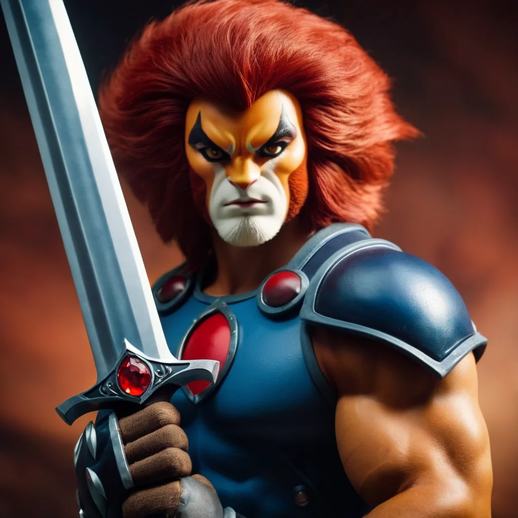 cinematic film still of <lora:liono thundercats:1>
liono thundercats a cartoon character holding a sword and a Claw Shield glove, shallow depth of field, vignette, highly detailed, high budget, bokeh, cinemascope, moody, epic, gorgeous, film grain, grainy