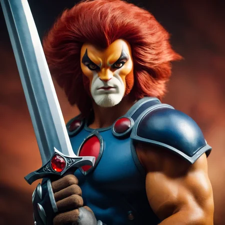 cinematic film still of  <lora:liono thundercats:1>
liono thundercats a cartoon character holding a sword and a Claw Shield glove, shallow depth of field, vignette, highly detailed, high budget, bokeh, cinemascope, moody, epic, gorgeous, film grain, grainy