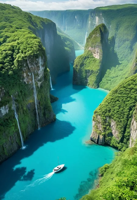 A stunning landscape photograph taken from a bird's eye view, showcasing a breathtaking view of a serene landscape with towering cliffs and cascading waterfalls. the scene is set in a lush green valley, surrounded by a vast expanse of turquoise water. in the center of the image, a small white boat is visible, adding a sense of tranquility to the scene. the waterfalls cascade down the rocky cliffs, creating a breathtaking contrast between the vibrant green of the trees and the cool blue of the water. the sky is overcast, adding to the serene atmosphere of the scene, and the overall effect is one of awe and wonder. the image has a high quality, with no visible jpeg artifacts, making it a truly captivating and breathtaking sight.