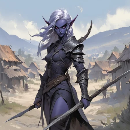 dark elf warrior, holding a polearm, village background, 1woman,