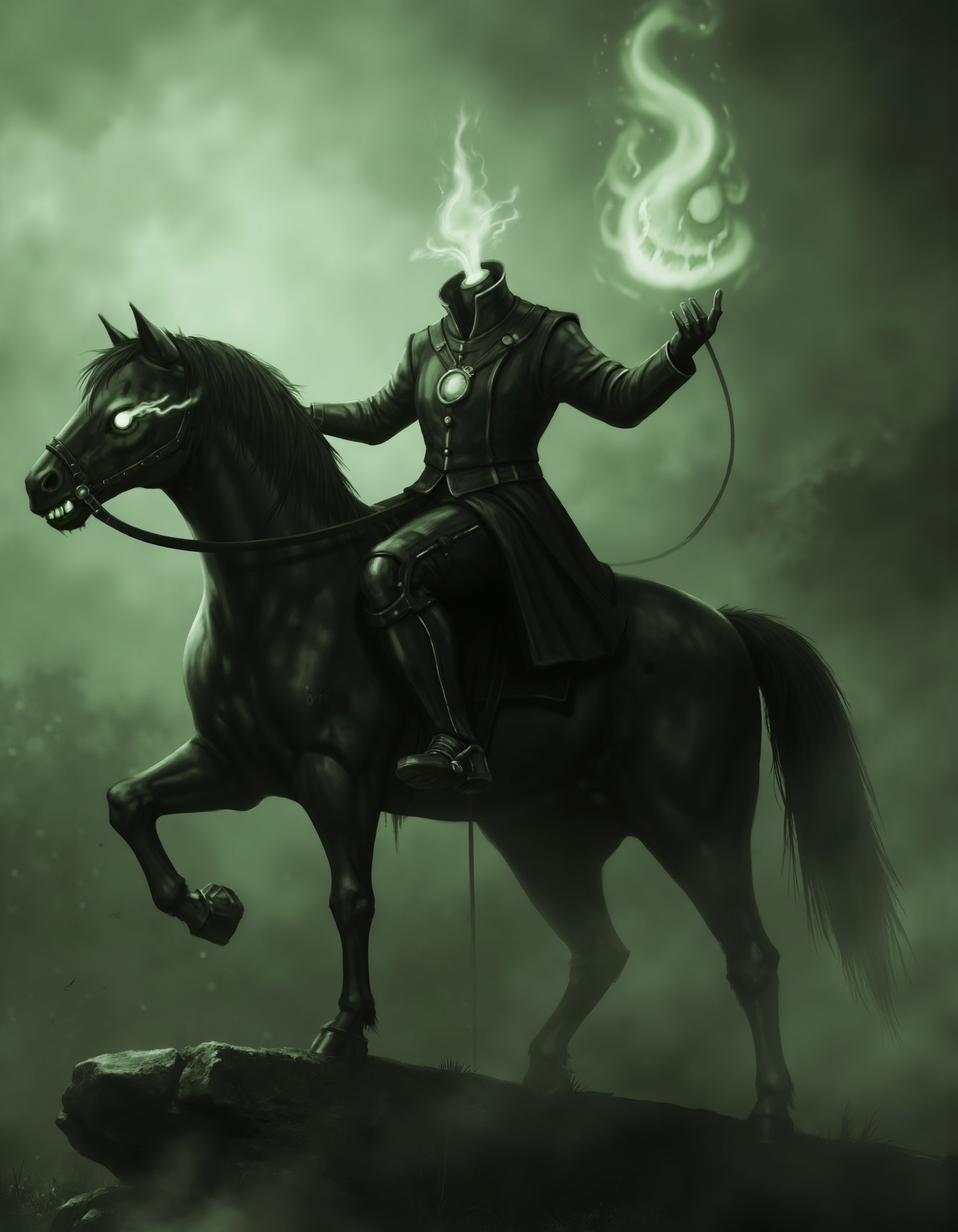 zavy-hdlsshrsmn, Close-up view, dark fantasy art style, rider on a horse with a glowing presence, misty and spooky environment, monochrome with eerie green hues.