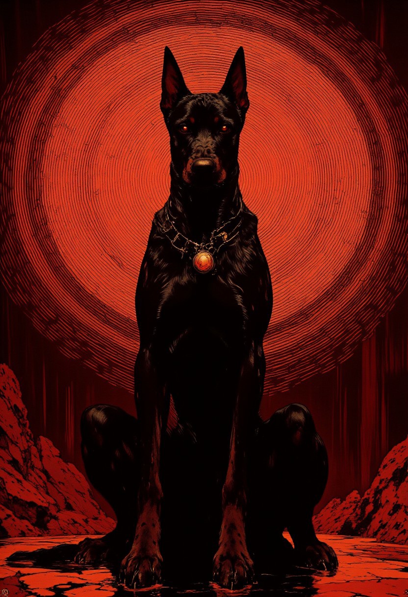 This image is a digital illustration of a Doberman sitting in the center, rendered with intricate, swirling lines that create a hypnotic and almost ethereal effect. The dog's sleek, muscular form is depicted with fine, wavy lines that give the appearance of flowing energy, contrasting sharply with the stark black of its body. Its eyes glow an intense white, enhancing its mysterious and otherworldly presence. The background is a gradient of deep crimson to burnt orange, with a series of concentric circles emanating from the Doberman, forming a mesmerizing, almost mandala-like pattern. The lines are uniformly spaced and dense, creating a sense of depth and motion, as if the dog is radiating an aura of power. The overall style of the artwork is modern and abstract, focusing on texture and intricate line work. The interplay of negative space, light, and dark creates a dramatic and captivating visual experience, giving the Doberman a supernatural, almost guardian-like presence. (anime, cyberpunk, Frank Frazetta fantasy oil painting, in the style of cksc)