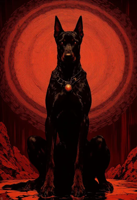 This image is a digital illustration of a Doberman sitting in the center, rendered with intricate, swirling lines that create a hypnotic and almost ethereal effect. The dog's sleek, muscular form is depicted with fine, wavy lines that give the appearance of flowing energy, contrasting sharply with the stark black of its body. Its eyes glow an intense white, enhancing its mysterious and otherworldly presence. The background is a gradient of deep crimson to burnt orange, with a series of concentric circles emanating from the Doberman, forming a mesmerizing, almost mandala-like pattern. The lines are uniformly spaced and dense, creating a sense of depth and motion, as if the dog is radiating an aura of power. The overall style of the artwork is modern and abstract, focusing on texture and intricate line work. The interplay of negative space, light, and dark creates a dramatic and captivating visual experience, giving the Doberman a supernatural, almost guardian-like presence. (anime, cyberpunk, Frank Frazetta fantasy oil painting, in the style of cksc)