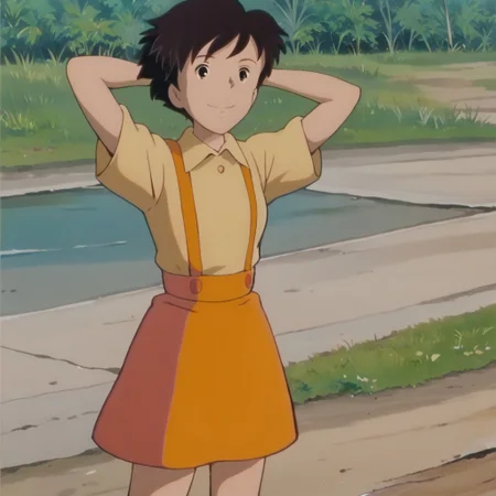 score_9, score_8_up, score_7_up, BREAK, Satsuki_Kusakabe, brown hair, short hair, suspenders, skirt, black eyes, outdoors, hands behind head, smile