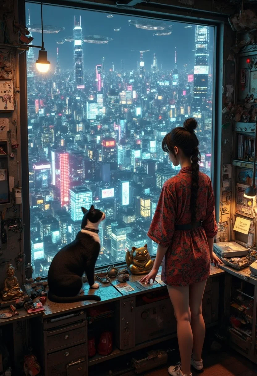 black cat with a white neck and white feet is sits on a cluttered metal riveted desk next to a maneki neko statue and small bronze buddha, the cat is looking out to a floor to ceiling window that looks out over a futuristic cyberpunk Tokyo skyline with skyscrapers and futuristic airships covered with lights and advertisements in Japanese, a tall thin beautiful young woman, 22 years old, is standing next to the cat looking out at the city through the window, The woman is dressed in an ornate short japanese style bath robe, exposing her long legs. The woman's hair is messy from just waking up. Artistic cyberpunk, dynamic perspective,