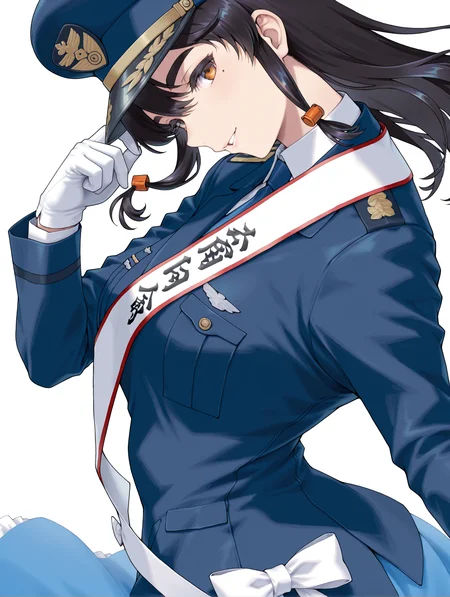 masterpiece,best quality,newest,1girl,solo,
<lora:mao2_ilxl_v1.2:1>,mao2,m_hat,m_clothes,white gloves,blue jacket,mole under eye,
<lora:Fixhands_anime_bdsqlsz_V1:1>,looking_at_viewer,white_background,simple_background,upper_body,profile,parted lips,seductive_smile,hand_in_hair,playing with own hair,