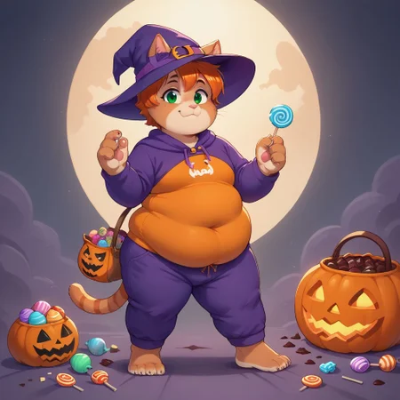 score_9, score_8_up, score_7_up, source_anime, candy everywhere, eating chocolate, white skin, standing in a pile of candy, full of candy, floating candy, magic, holding a bag of candy, freckles, cat ears, cat tail, cat paws, orage fur, furry anthro, halloween candy, trick or treat, easter chocolate, 1girl, covered in chocolate, wearing witch costume, wearing purple sweatpants, witch hat, fat thights, barefoot, soles, face covered in chocolate, fat, belly overhang, happy mood, happy expression, smile, ginger hair, fat arms, fat legs, double chin, green eyes, fat chest, messy hair, tired, halloween theme, chibfurri, five toes, cub.