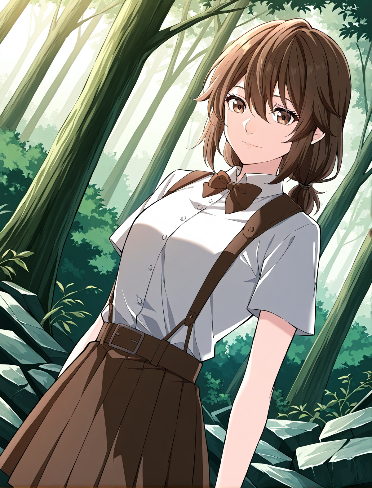 <lora:Eleanor_Leywin__The_Beginning_After_the_End__Illustrious:1>
1 girl, solo, brown hair, brown eyes, bangs, small breasts
low ponytail, twintails, hair between eyes, sidelocks, white shirt, collared shirt, shirt tucked in, suspenders, short sleeves, brown pleated skirt, miniskirt, hair tie, belt, brown bow
score_9, score_8_up, score_7_up, very aesthetic, source_anime, detailed, high quality, beautiful, masterpiece, detailed eyes, forest, tree, ruins, cowboy shot, dynamic angle, upper body, light smile, dynamic pose