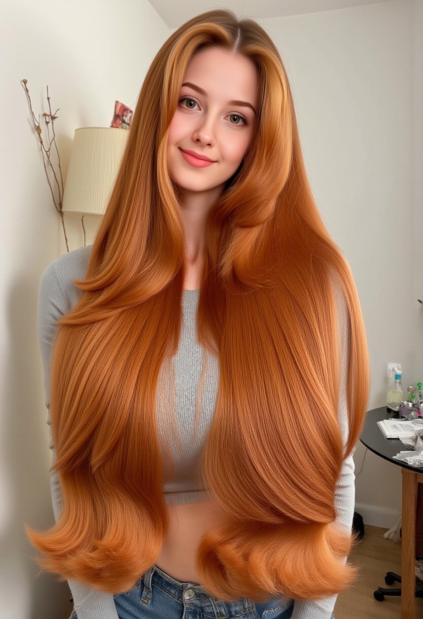 Stunning Russian girl with very long orange ginger hair. Extremely voluminous and amazing hair. Straight hair with large waves. Adorable smile and cute face. Small waist. Huge breasts and cleavage, tiny waist