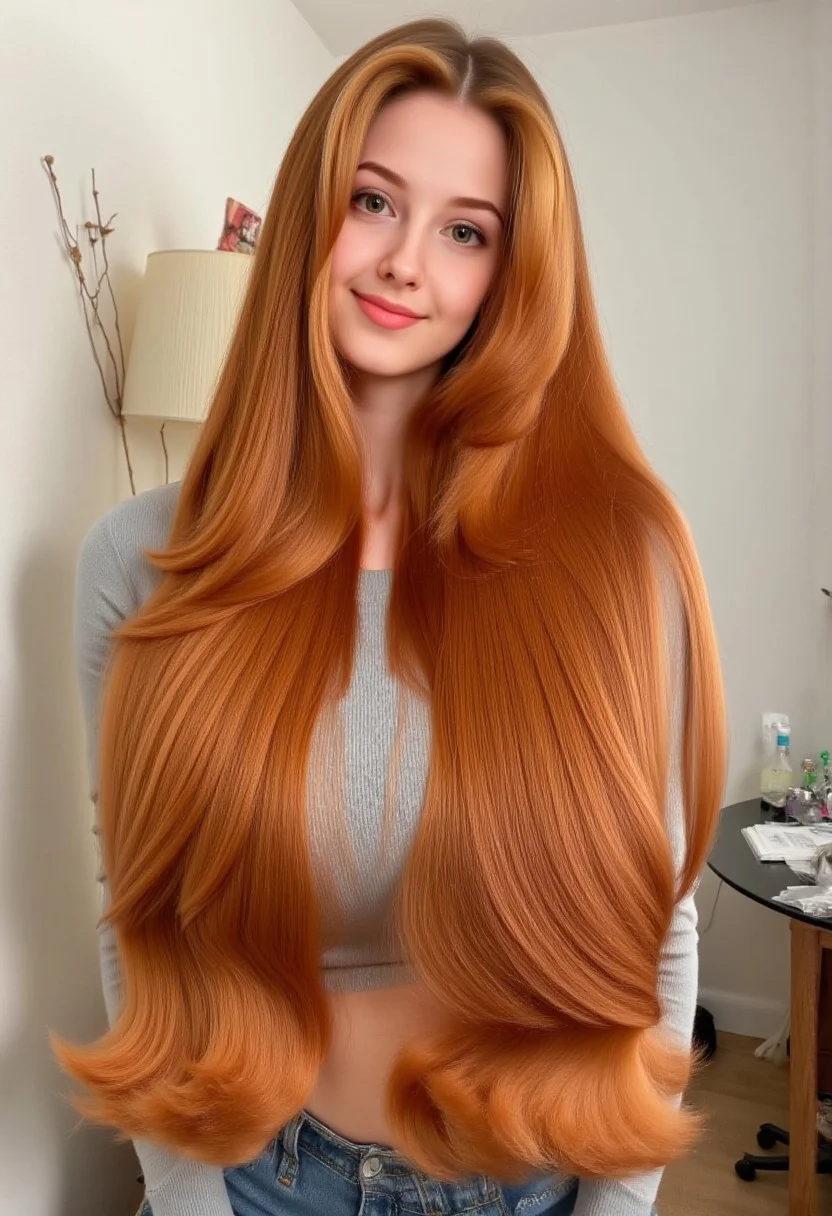 Stunning Russian girl with very long orange ginger hair. Extremely voluminous and amazing hair. Straight hair with large waves. Adorable smile and cute face. Small waist. Huge breasts and cleavage, tiny waist
