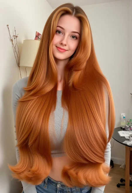 Stunning Russian girl with very long orange ginger hair. Extremely voluminous and amazing hair. Straight hair with large waves. Adorable smile and cute face. Small waist. Huge breasts and cleavage, tiny waist