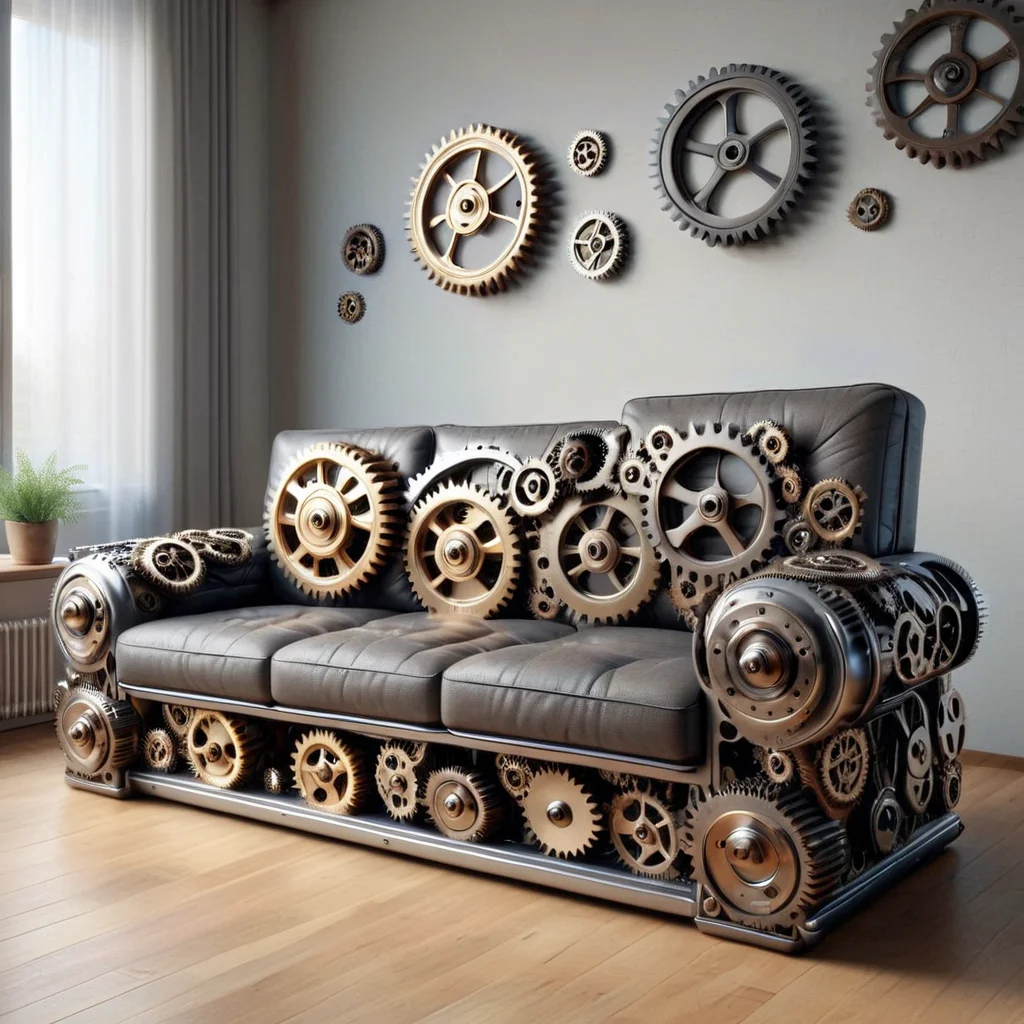 g3ars, couch made out of gears, located in a living room, Masterpiece,best quality, photo, realistic, very aesthetic <lora:Gears_World_Morph:1>