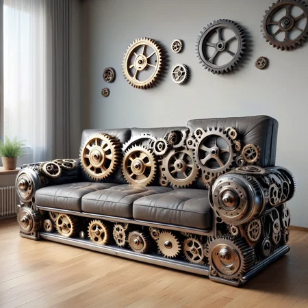 g3ars, couch made out of gears, located in a living room, Masterpiece,best quality, photo, realistic, very aesthetic <lora:Gears_World_Morph:1>