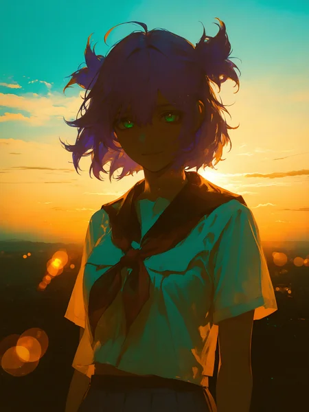 masterpiece, best quality, absurdres, highres, very awa, 
<lora:un-30:1> unlblch, 1girl, solo, purple hair, two sides up, short hair, green eyes,  
colorful, white shirt, red neckerchief, blue pleated skirt, 
flat color,lineart,chiaroscuro,Natural Light,Mood Lighting,cinematic lighting,volumetric lighting,ray tracing,dramatic shadows,dappled light,realistic background,photo background,depth of field,lens flare,motion blur,bokeh,chromatic aberration,overexposure,contour deepening, \\//, (official wallpaper),(upper body:1.3),close-up,light smile,(messy hair:1.3),ahoge,short sleeves,clouds,sunrise,blue sky,wind,orange theme,cloudy sky,looking at viewer,
 <lora:748cmSDXL:1> 748cmstyle