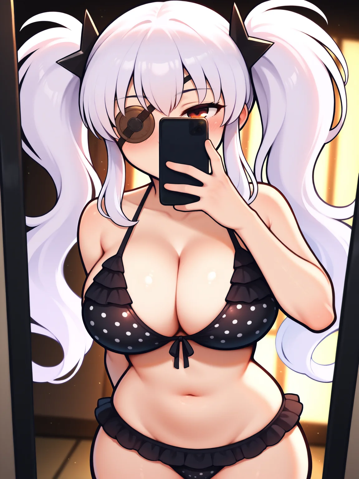 masterpiece, best quality, amazing quality, by asukaln
(solo:1.4), Yagyu_IL, eyepatch, white hair, long hair, twintails, shuriken hair clips, black hair clips, large breasts, Yagyu_swim, black bikini, frilled bikini, polka dot bikini, frilled bra, frilled panties
reflection, selfie, mirror, phone, OneFingerSelfieER, seductive, blush, dynamic angle, dutch angle, soft glow, elegant, refined, volumetric lighting, cinematic lighting, beautiful lighting, very awa, highres, absurdres, light particles
<lora:Mystyle_SDXL_LoCon_DORA_v2:1>
<lora:SK_Yagyu_IL:0.8>