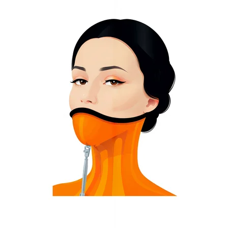(vector illustration, lineart, stylized art, flat color, logo, icon:1.5), ch, (white background: 1.6), black hair, a beautiful woman, (orange posturecollar), portrait, (covered mouth:1.5), covered shoulders