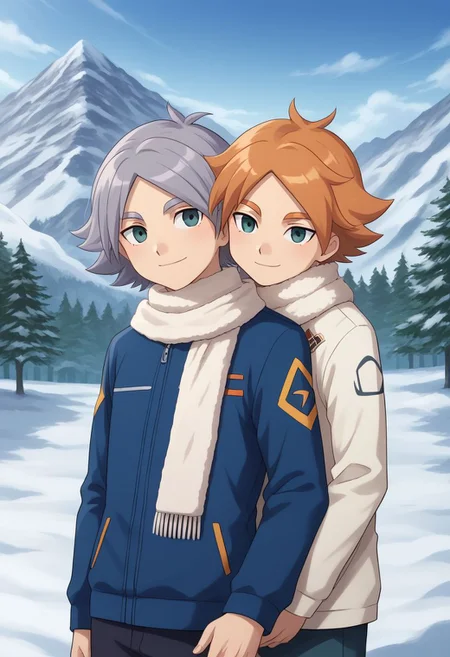 score_9, score_8_up, source_anime, highly detailed, 2boys, male_focus, slender, skinny,
aiden, 1boy, male focus, scarf, orange hair, white scarf, jacket,
fubuki2, 1boy, male focus, 1boy, scarf, tree, telstar, sky, day, grey hair,
outdoor, mountains, snow, tree, siblings, smile, posing for a photo, hug from behind,