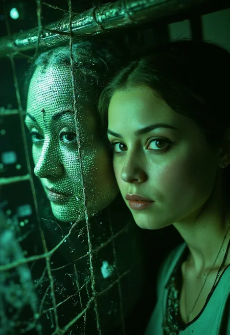 A close-up shows a woman appearing on an old, dystopian display screen, her figure half organic and half synthetic, composed of pixelated fragments that flicker erratically. The black and neon green grid structure forming her synthetic side glows in a broken, shifting pattern, adding to the unsettling effect. Her human side bears a fierce, determined expression, eyes filled with defiance. The screen is cracked and worn, with static lines and digital noise disrupting the image, emphasizing the decaying state of the technology. The background is dim and industrial, with faint neon green reflections casting a cold, artificial glow. Dust and grime coat the display, further contributing to the sense of a world fallen into disrepair. The scene evokes a haunting, cyberpunk atmosphere, with the woman’s digital essence fighting against the failing screen’s flicker.