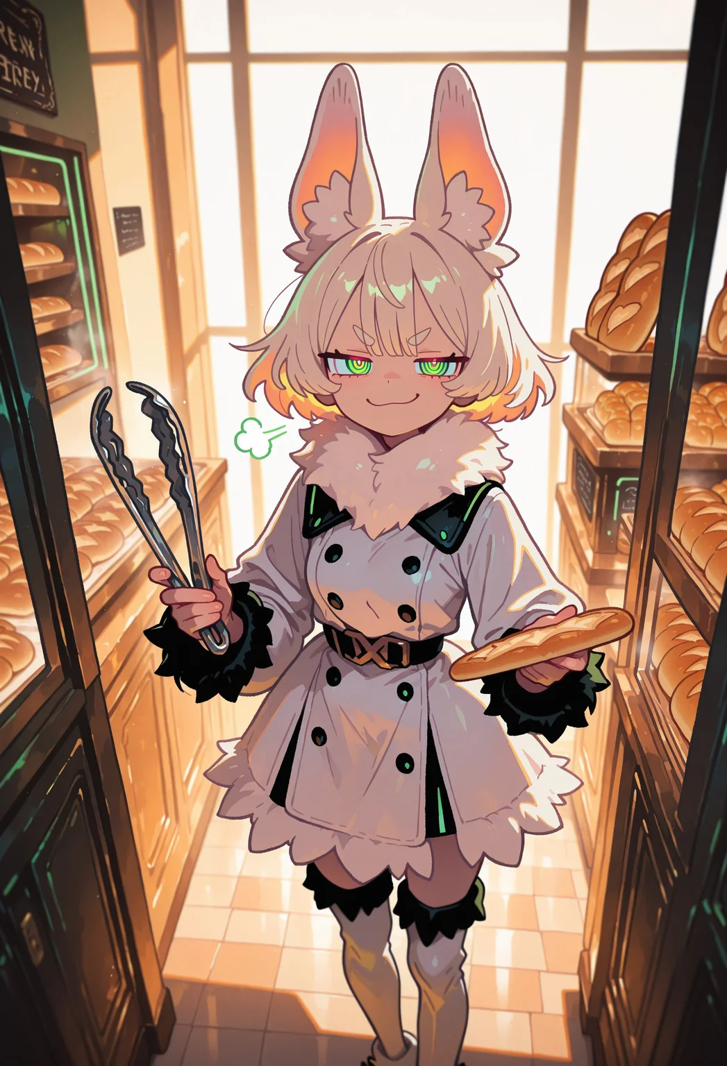 LeIsT0_illu, Flatline, Flat vector illustration, masterpiece, best quality, extremely detailed, very awa, newest,
1girl, solo, short hair, platinum blonde hair, animal ears, green eyes, ringed eyes, neck fur, wing neckline, white fur-trim dress, thigh-high boots, white fur boots,
BREAK
smug, smirk, puff of air, doyagao, v-shaped eyebrows, short eyebrows, thick eyebrows, looking at viewer, holding pastry tongs, bread tongs, from above,
BREAK
indoors, bakery, display window, backlight, warm tone, soft shadows, perspective, detailed background, film grain, depth of field,