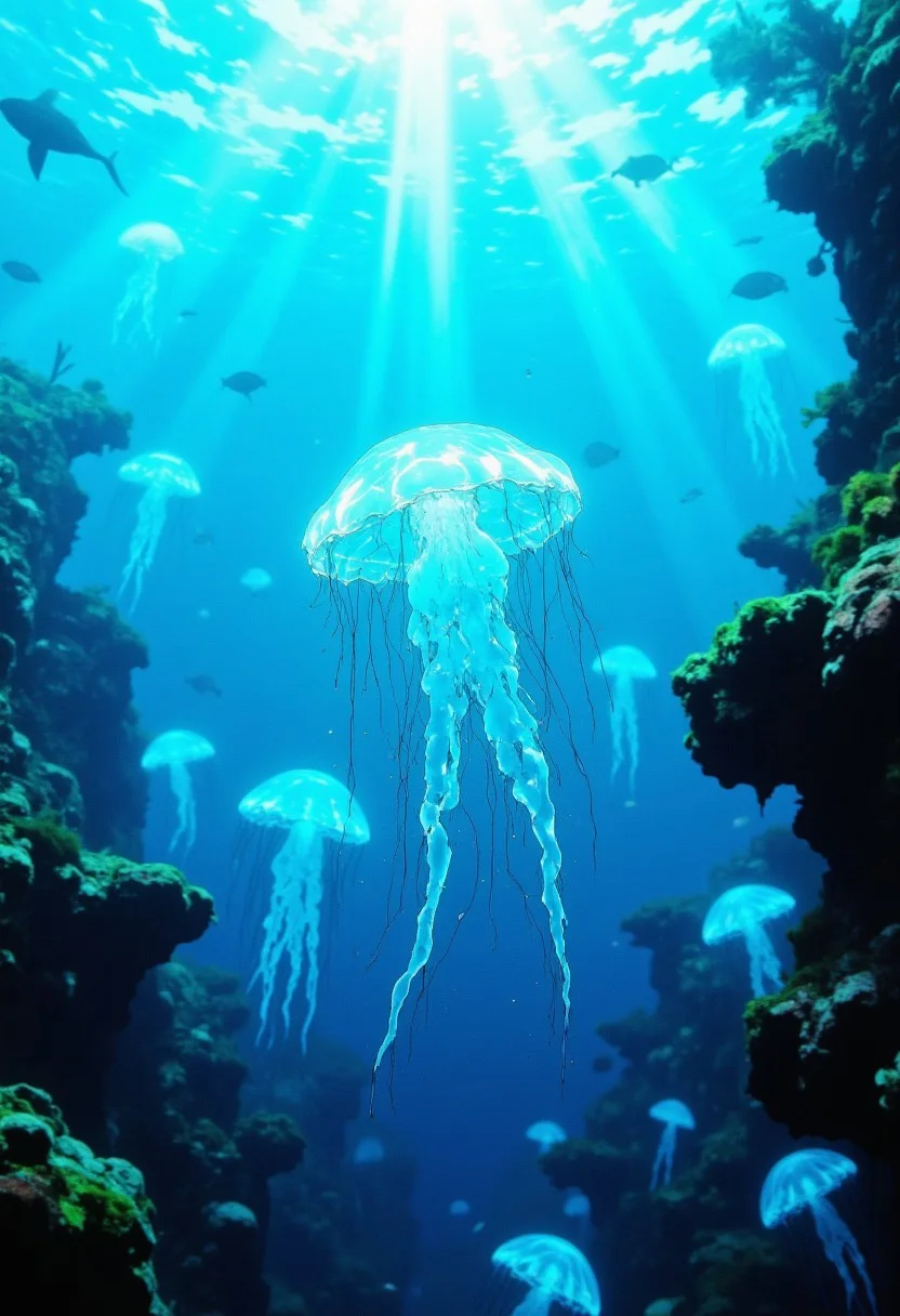 cinematic film still award winning photo.A light blue translucent jellyfish swimming in the clear blue ocean. Sunrays penetrate the water and illuminate the seaweed, vignette, highly detailed, high budget, bokeh, cinemascope, moody, epic, gorgeous, film grain, grainy,anime, cyberpunk, Comic book style