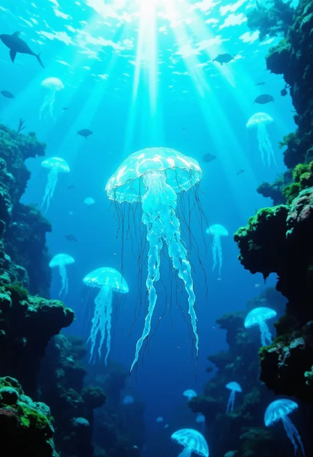 cinematic film still award winning photo.A light blue translucent jellyfish swimming in the clear blue ocean. Sunrays penetrate the water and illuminate the seaweed, vignette, highly detailed, high budget, bokeh, cinemascope, moody, epic, gorgeous, film grain, grainy,anime, cyberpunk, Comic book style