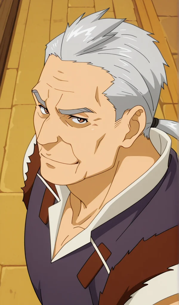 best quality, amazing quality, newest, perfect quality, best quality, highres, 1boy, old male, male focus, solo, detailed body, detailed face, detailed eyes,

Willem, silver hair, ponytail, brown eyes, old muscle male, 

wearing sleeveless indigo tunic with torn leather shoulders, 

looking at viewer, indoor, sedutive smile, Blushing,  sexy posing, from above, close up 

