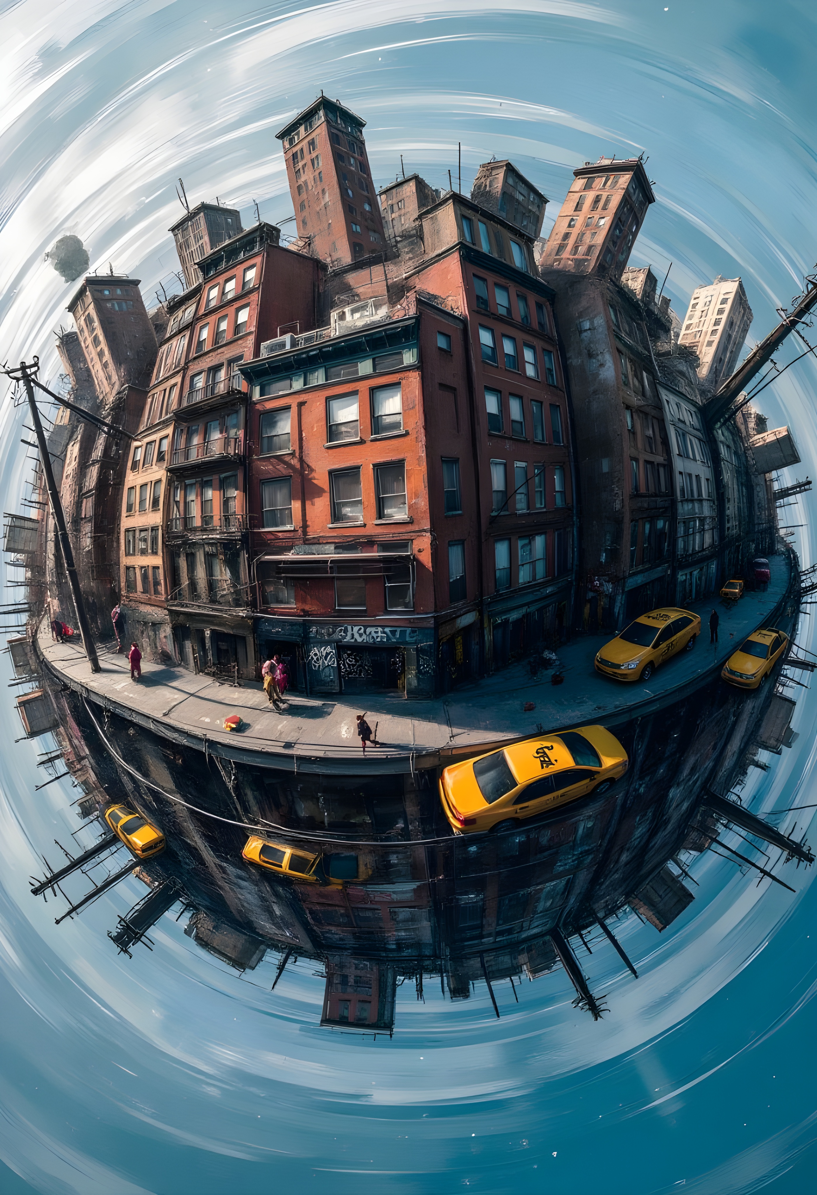 cinna flow, A floating microplanet shows a crowded urban neighborhood, its surface a tightly packed sphere of concrete and brick buildings. Graffiti covers the walls, while narrow streets twist around the planet, congested with yellow taxis and cluttered with garbage bags. From every angle, fire escapes dangle precariously, and utility poles lean over the crumbling sidewalks. The scene feels like a gritty, compressed slice of city life, where every detail is squashed together on this small, hovering orb. Dusty air swirls around, enhancing the dense, chaotic energy of this urban microplanet. Very detailed, vibrant colors