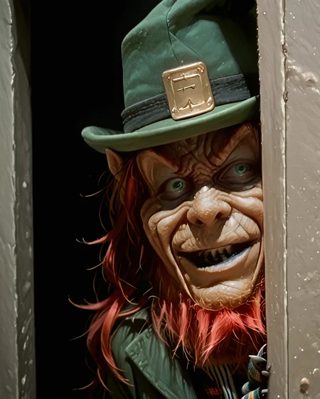 peeking out from behind the wall, peeking out from around the corner, close up face, portrait, <lora:Leprechaun_Illustrious:1>, Llepr3echa1un4, 1eprehau1_n, (nsfw:1.25), solo,boy wrinkled skin, gnome, green hat, green jacket, striped knee socks, black shoes, black teeth, black lips, long hair, red hair, beard, green eyes, no human, horror movie, realistic, monster, horror (theme), male, angry smile, smug, <lora:hand 4:1>